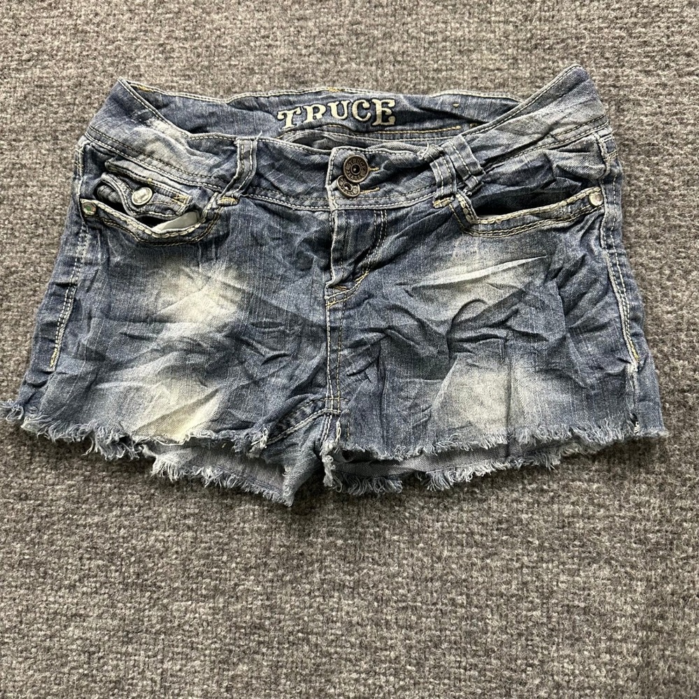Truce Denim Shorts Womens Size 9 Blue Cut Off Low Rise Embellished Y2K Festival